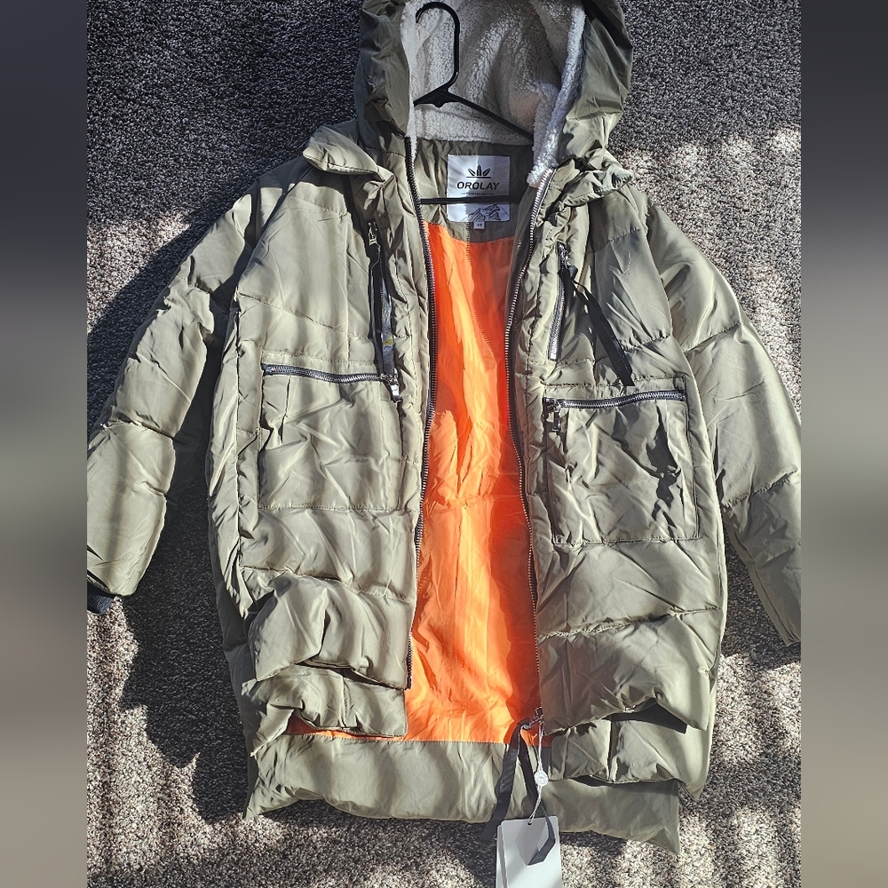 OLAY Women's Olive Green Puffer Jacket with Orange Lining